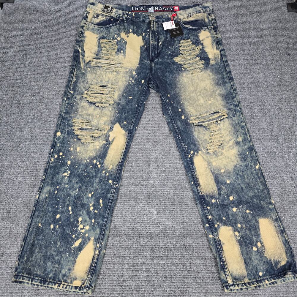 Lion Dynasty Jeans Mens 46x33 NWT Distressed Bleach Acid Wash Hip Hop Y2K